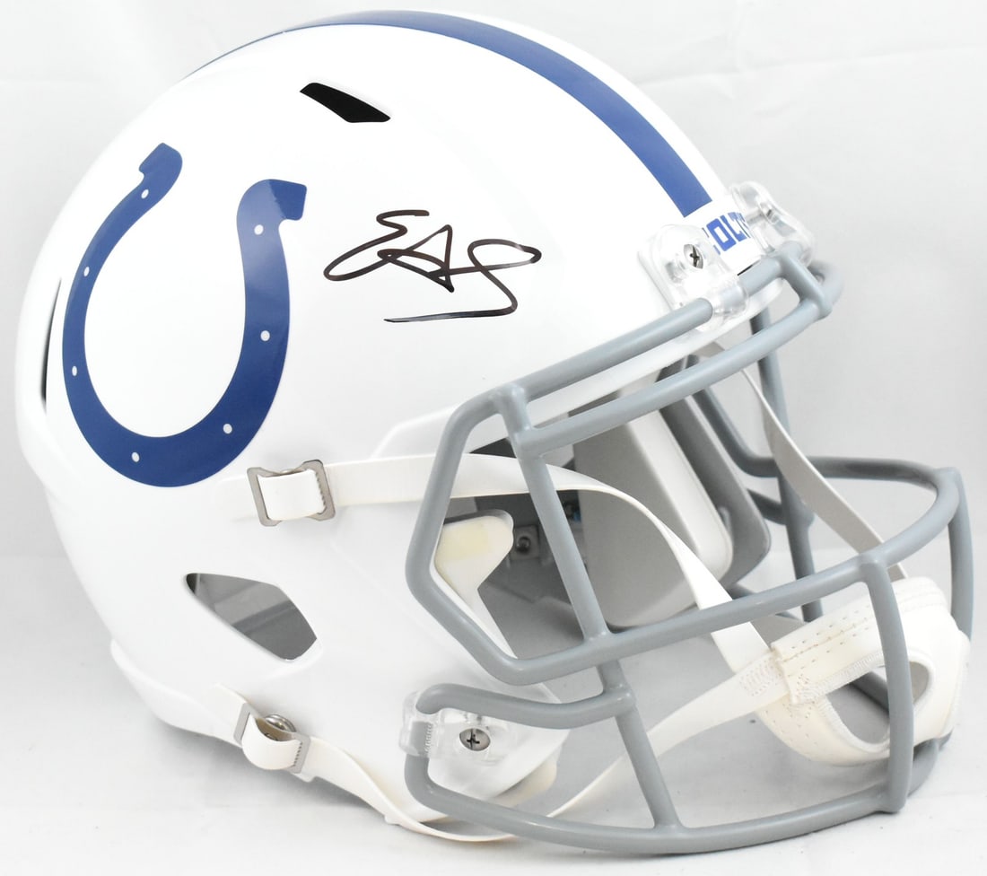 Indianapolis Colts Full Size Helmet Signed by Edgerrin James Beckett Authenticated: Indianapolis Colts Full Size Helmet Signed by Edgerrin James Beckett Authenticated This is an autographed full-size helmet featuring Edgerrin James from the Indianapolis Colts. The helmet is an origin