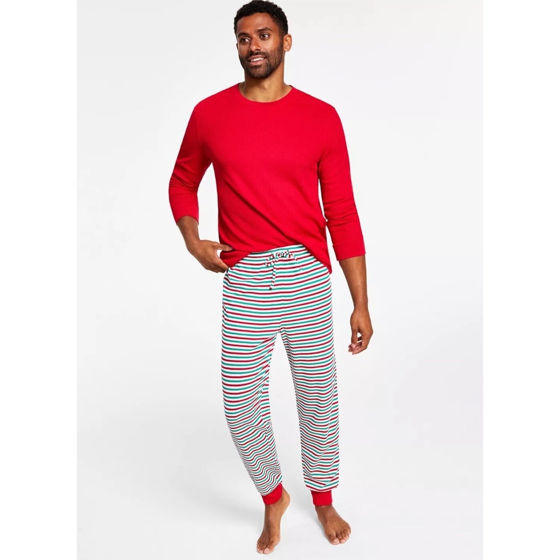 Family Pajamas Men's Holiday Stripe Thermal Waffle Pajama Set S: Family Pajamas Men's Holiday Stripe Thermal Waffle Pajama Set S Celebrate the holiday season in style with this Matching Men's Thermal Waffle Pajama Set. Designed in a festive holiday stripe pattern, 