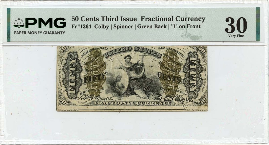 Third Issue 50 Cent Fractional Note FR 1364 PMG VF30 United States: Third Issue 50 Cent Fractional Note FR 1364 PMG VF30 United States This is a Third Issue 50 Cents Fractional Currency note, identified as FR#1364. Certified by PMG with a grade of VF30, this circulate