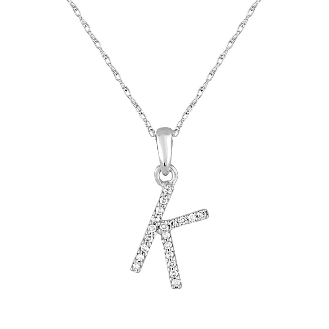 Sabrina Designs Co. White Gold Diamond Letter K Necklace 14K: Sabrina Designs Co. White Gold Diamond Letter K Necklace 14K This pre-owned 14k white gold necklace features a diamond initial "K" pendant. The necklace is crafted with 0.06 carats of diamond side sto