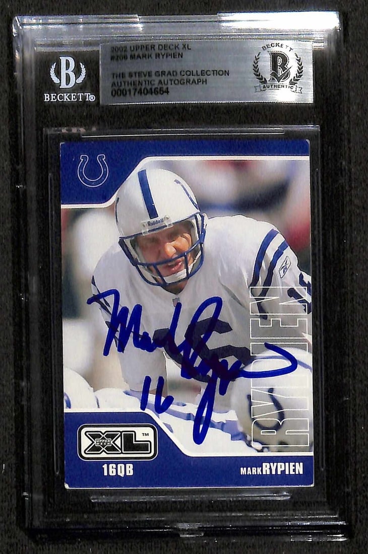 Autographed Mark Rypien 2002 Upper Deck XL Football Card #209 Beckett Authenticated: Autographed Mark Rypien 2002 Upper Deck XL Football Card #209 Beckett Authenticated This is an original 2002 Upper Deck XL #209 sports trading card, autographed by Indianapolis Colts quarterback Mark 