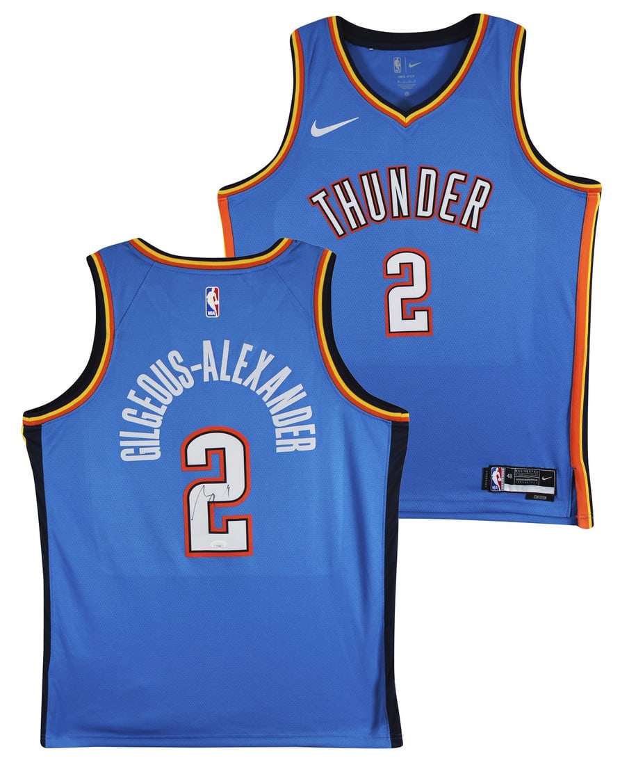 Shai Gilgeous-Alexander autographed Thunder Nike Icon jersey JSA: Shai Gilgeous-Alexander autographed Thunder Nike Icon jersey JSA This blue Nike Icon Edition Swingman jersey has been personally signed by Shai Gilgeous-Alexander of the Oklahoma City Thunder. The aut