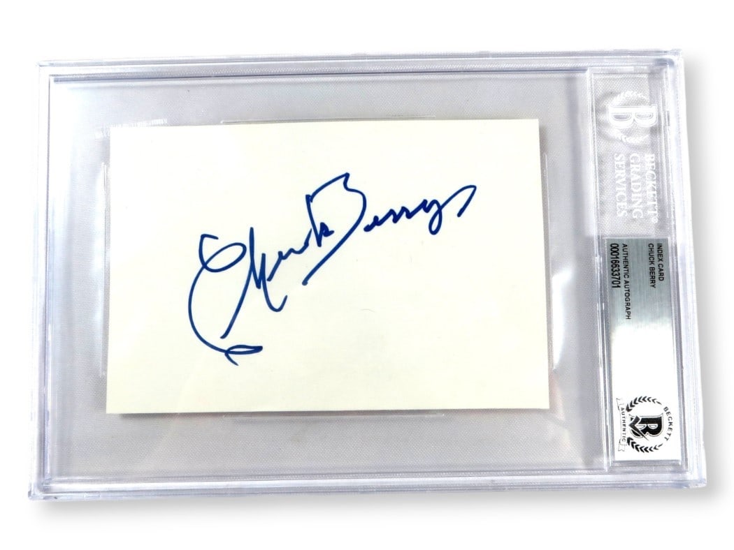 Chuck Berry Autographed Index Card Beckett Authenticated Music Memorabilia: Chuck Berry Autographed Index Card Beckett Authenticated Music Memorabilia This is an original autographed index card signed by the legendary rock and roll musician Chuck Berry. The card measures 4 X 