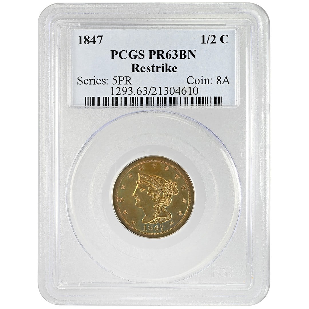 PCGS PR63BN 1847 Braided Hair Half Cent Restrike: PCGS PR63BN 1847 Braided Hair Half Cent Restrike This is an 1847 Braided Hair Half Cent Restrike, graded PR63BN by PCGS. Struck as a proof at the Philadelphia Mint, this rare coin is the B-3 variety (
