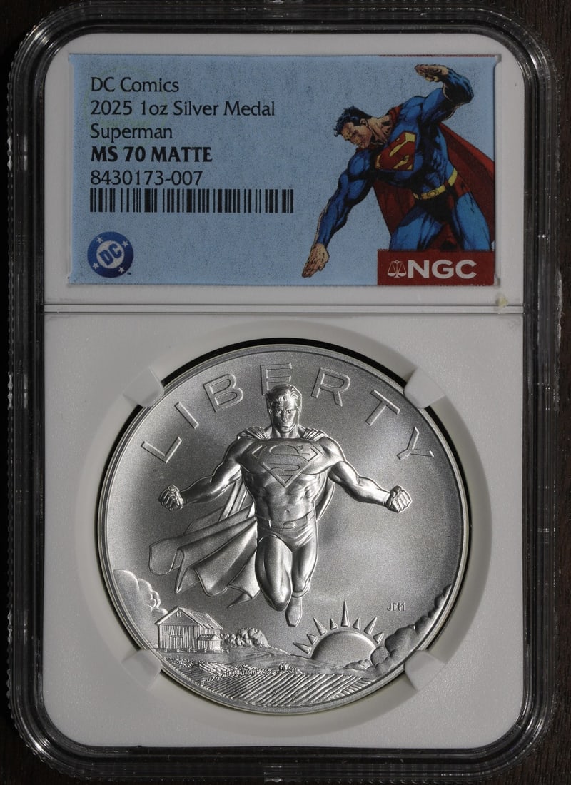 NGC MS70 2025 Superman 1 oz Silver Medal DC Comic: NGC MS70 2025 Superman 1 oz Silver Medal DC Comic This 2025 Superman 1 oz silver medal features a matte finish and is composed of .999 fine silver. Graded MS 70 by NGC, it is certified for its quality
