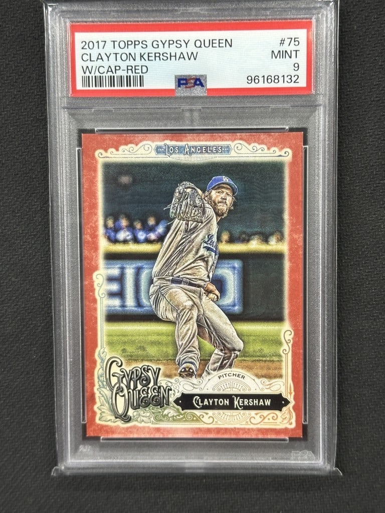 Clayton Kershaw 2017 Topps Gypsy Queen Red PSA 9 Dodgers Card #75: Clayton Kershaw 2017 Topps Gypsy Queen Red PSA 9 Dodgers Card #75 This is a 2017 Topps Gypsy Queen Clayton Kershaw baseball card featuring the player in a striking cap red design. Graded by Profession