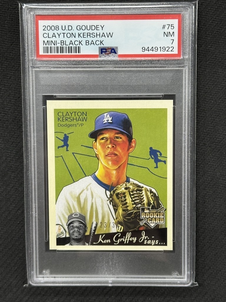 Clayton Kershaw 2008 Upper Deck Goudey Mini Black Back PSA 7 RC #75: Clayton Kershaw 2008 Upper Deck Goudey Mini Black Back PSA 7 RC #75 This 2008 Upper Deck Goudey Mini Black Back baseball card features Clayton Kershaw, a notable player for the Los Angeles Dodgers. Th