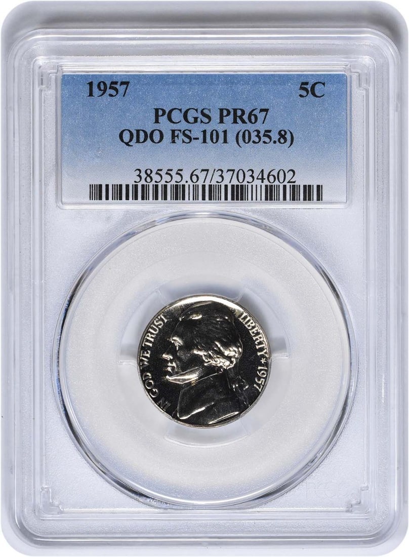 1957 Jefferson Nickel PR67 PCGS Uncirculated Proof Coin: 1957 Jefferson Nickel PR67 PCGS Uncirculated Proof Coin This 1957 Jefferson Nickel is a remarkable proof coin, certified by PCGS with a grade of PR67, ensuring its high quality. Struck in Philadelphia