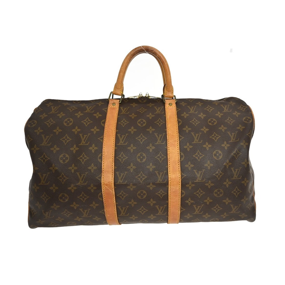 Louis Vuitton Monogram Canvas Keepall Unisex Travel Bag Brown 50cm: Louis Vuitton Monogram Canvas Keepall Unisex Travel Bag Brown 50cm This is a Louis Vuitton Keepall bag crafted from signature brown Monogram canvas. Designed as a unisex travel bag, it features leathe