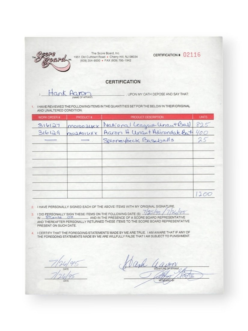 Hank Aaron Autographed Affidavit Atlanta Braves PSA DNA (1 of 4)
