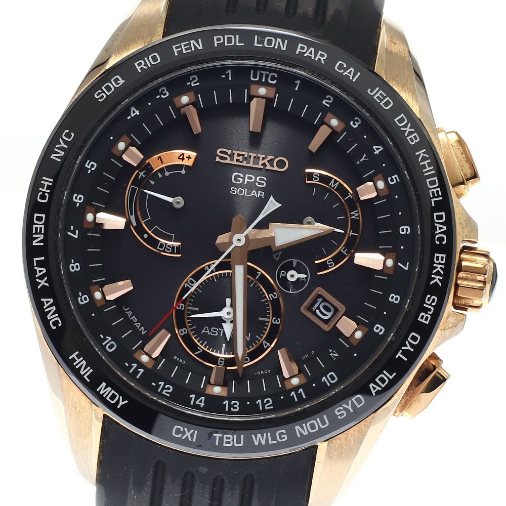 Seiko Astron Solar Radio Controlled Men's Wristwatch SBXB055: Seiko Astron Solar Radio Controlled Men's Wristwatch SBXB055 This Seiko SBXB055/8X53-0AC0-2 Astron men's wristwatch features a stainless steel and gold case paired with a black rubber bracelet. The bl
