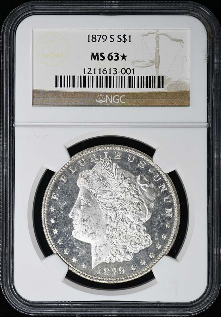 NGC MS63 Star 1879-S Morgan Dollar: NGC MS63 Star 1879-S Morgan Dollar This is an 1879 Morgan Dollar from the San Francisco Mint, graded MS63* (Star) by NGC. The coin is uncirculated and features the classic Morgan Dollar design. It is 
