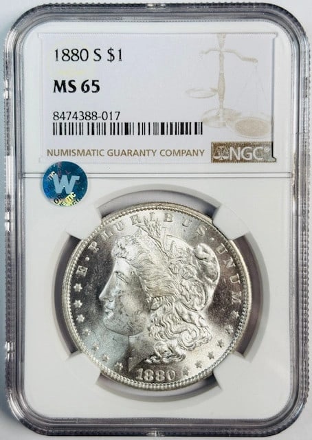 1880 San Francisco Morgan Dollar NGC MS65 Silver: 1880 San Francisco Morgan Dollar NGC MS65 Silver This 1880 Morgan Silver Dollar was minted in San Francisco and is certified by NGC with a grade of MS 65. Composed of silver, this uncirculated coin is