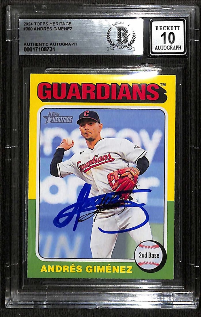 2024 Topps Heritage Andres Gimenez Autographed Card Beckett 10 Cleveland Guardians: 2024 Topps Heritage Andres Gimenez Autographed Card Beckett 10 Cleveland Guardians This is an original 2024 Topps Heritage #360 sports trading card featuring Cleveland Guardians second baseman Andres 