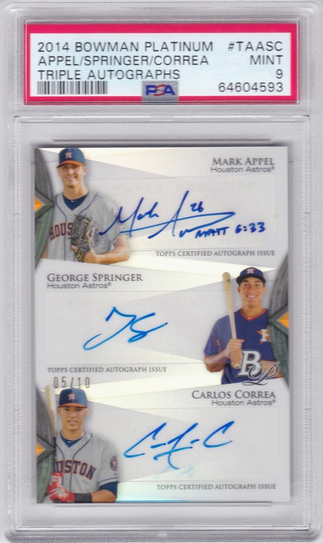 2014 Bowman Platinum Baseball Card Triple Auto PSA 9 Correa Springer Appel: 2014 Bowman Platinum Baseball Card Triple Auto PSA 9 Correa Springer Appel This is a 2014 Bowman Platinum baseball card featuring Carlos Correa, George Springer, and Mark Appel. The card is autographe