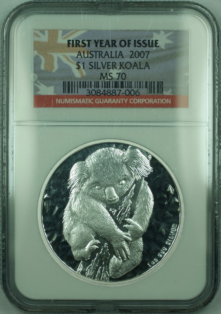 NGC MS-70 2007 Koala 1 Oz Silver Dollar First Year Issue Australia: NGC MS-70 2007 Koala 1 Oz Silver Dollar First Year Issue Australia This is a 2007 Australia Silver 1 oz Koala $1 Dollar Coin, graded MS-70 by NGC. It is the first year of issue for this series and is 