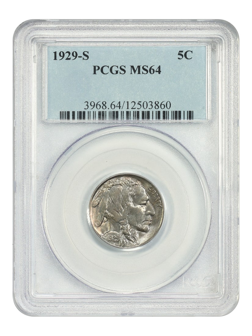 PCGS MS64 1929-S Buffalo Nickel 5C San Francisco: PCGS MS64 1929-S Buffalo Nickel 5C San Francisco This is a 1929-S Buffalo Nickel graded MS64 by PCGS. The coin is uncirculated and originates from the San Francisco mint. It belongs to the Buffalo Nic