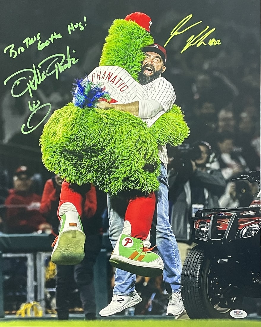 16x20 Photo Signed by Jason Kelce and Phillies Phanatic PSA Witness Eagles Phillies: 16x20 Photo Signed by Jason Kelce and Phillies Phanatic PSA Witness Eagles Phillies This is a dual-signed 16x20 photo featuring Jason Kelce and the Phillies Phanatic, representing the Philadelphia Eag