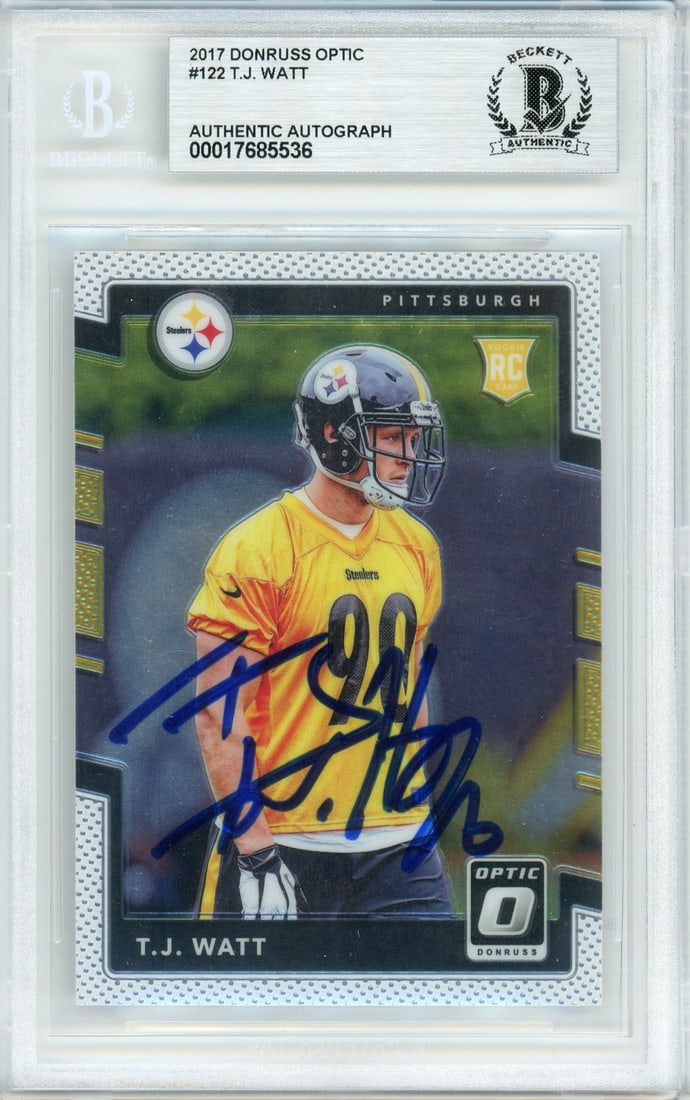 T.J. Watt Signed Rookie Card Graded 2017 Donruss Optic Steelers Autograph: T.J. Watt Signed Rookie Card Graded 2017 Donruss Optic Steelers Autograph This 2017 Donruss Optic #122 T.J. Watt rookie trading card features a hand-signed autograph and has been graded by BGS. It rep