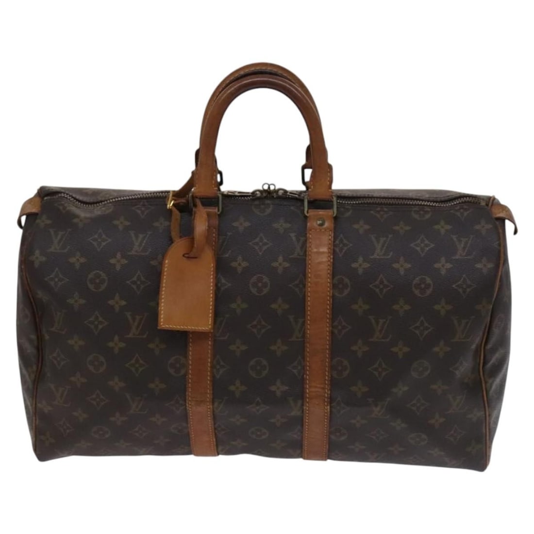 Keepall Monogram Canvas Travel Bag by Louis Vuitton Unisex 45cm: Keepall Monogram Canvas Travel Bag by Louis Vuitton Unisex 45cm This Louis Vuitton Keepall Bag features the iconic monogram canvas in brown, designed for unisex use. The bag shows signs of use, includ