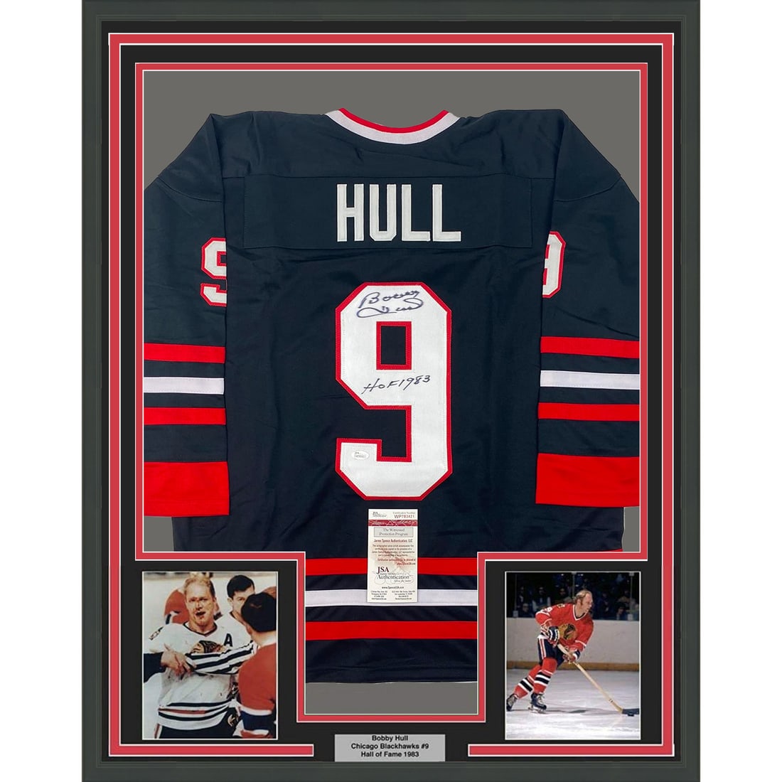 Framed Autographed Bobby Hull Jersey HOF 1983 Chicago Blackhawks JSA COA (1 of 2)