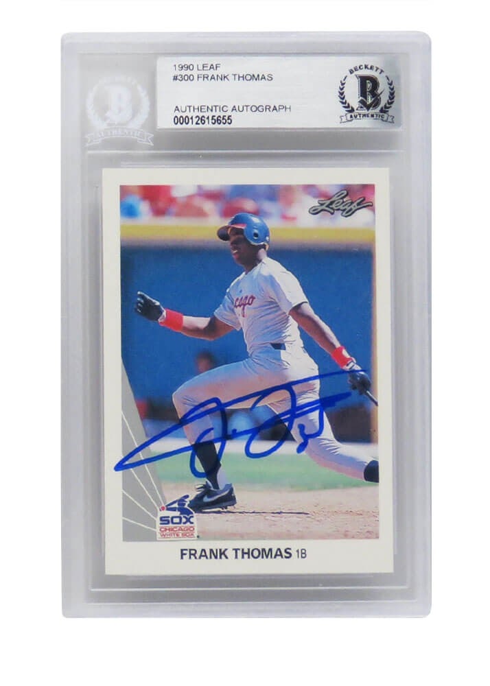 Frank Thomas Autographed 1990 Leaf Rookie Card #300 Beckett Authentic: Frank Thomas Autographed 1990 Leaf Rookie Card #300 Beckett Authentic Celebrate baseball history with this Frank Thomas autographed 1990 Leaf rookie card #300, featuring the legendary player from the 