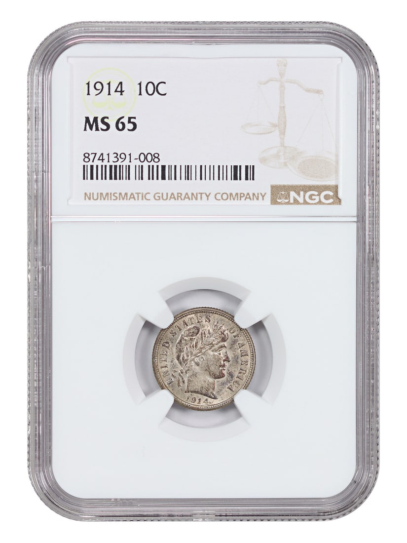 NGC MS65 Graded 1914 Barber Dime Philadelphia 10 Cent Coin: NGC MS65 Graded 1914 Barber Dime Philadelphia 10 Cent Coin This 1914 Barber Dime, graded MS65 by NGC, is an uncirculated coin from the Philadelphia Mint. Featuring the classic Barber design, this pre-
