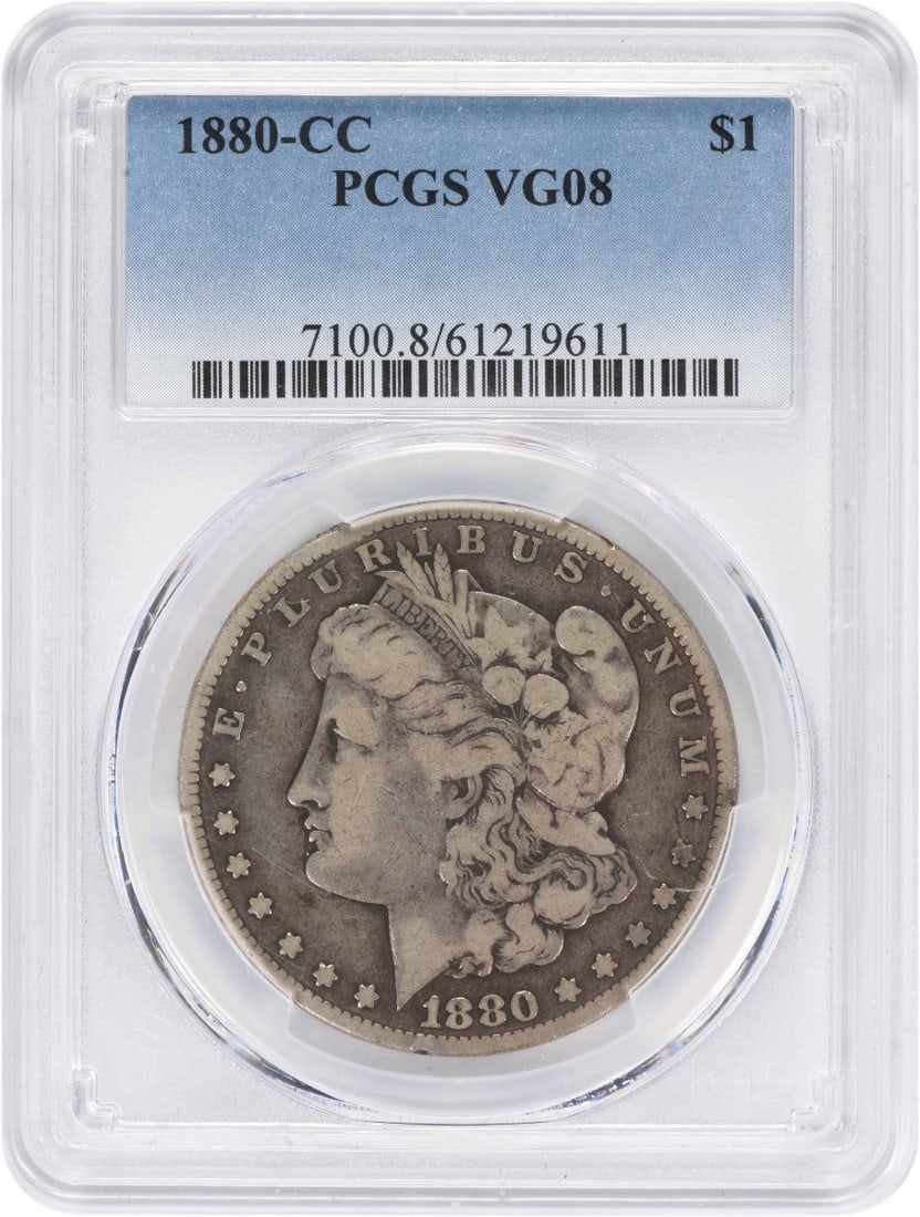 PCGS VG08 Carson City 1880 CC Morgan Dollar: PCGS VG08 Carson City 1880 CC Morgan Dollar This 1880-CC Morgan Silver Dollar is a circulated coin graded VG08 by PCGS. Minted in Carson City, it features a composition of 90% silver and 10% copper. D