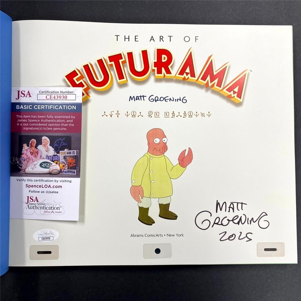 JSA authenticated Futurama art book signed by Matt Groening: JSA authenticated Futurama art book signed by Matt Groening This is a pre-owned copy of "The Art of Futurama" book, signed by Matt Groening. The autograph has been authenticated by James Spence Authen