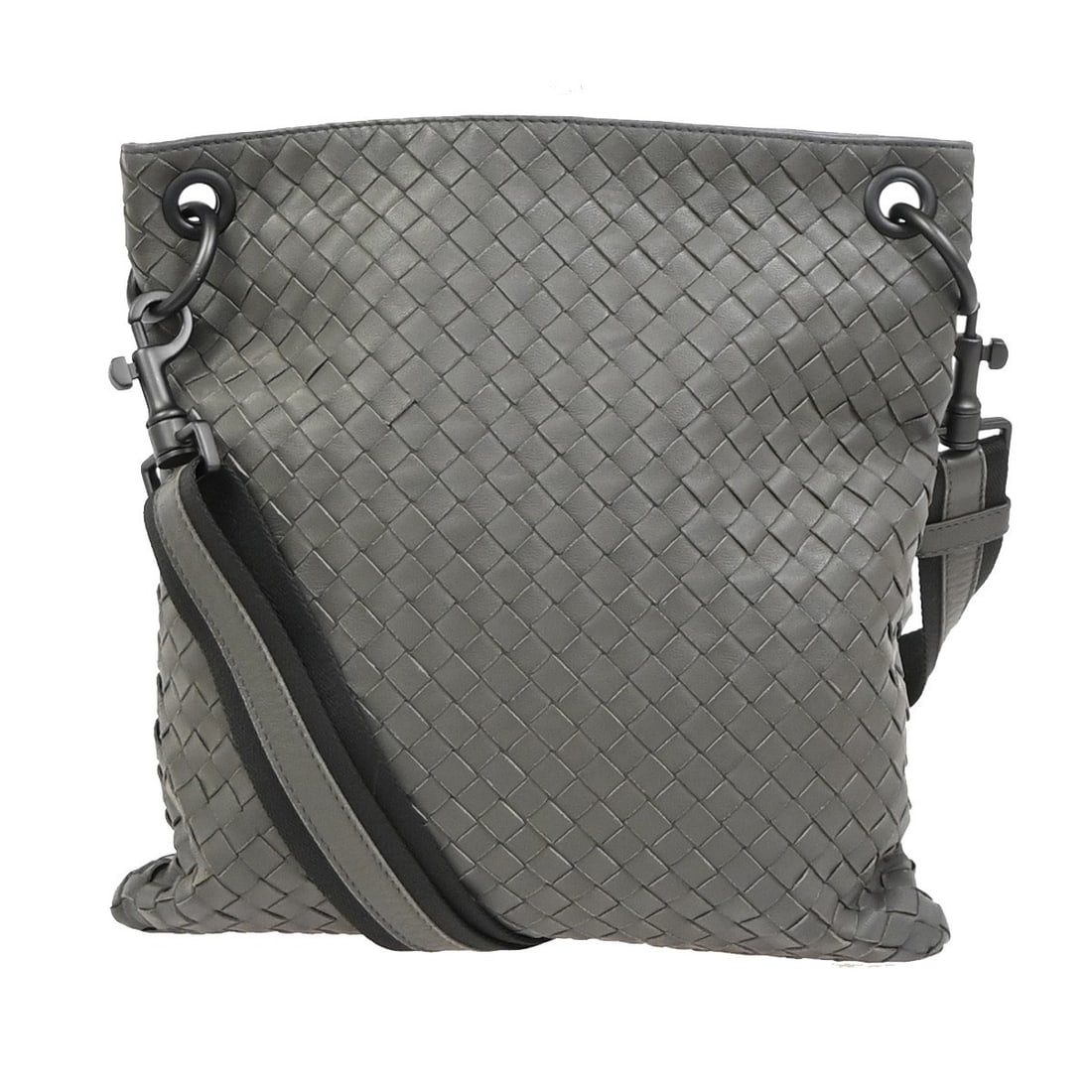 Gray Intrecciato Leather Flat Messenger Bag by Bottega Veneta: Gray Intrecciato Leather Flat Messenger Bag by Bottega Veneta This Bottega Veneta Flat Messenger Bag features the signature Intrecciato Nappa leather design in a versatile gray color. Designed for uni