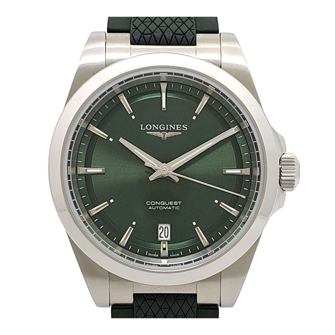 Longines Conquest Automatic Green Dial Stainless Steel Men's Watch L3.720.4: Longines Conquest Automatic Green Dial Stainless Steel Men's Watch L3.720.4 This Longines Conquest L3.720.4 men's wristwatch features a stainless steel case paired with a rubber and stainless steel ba