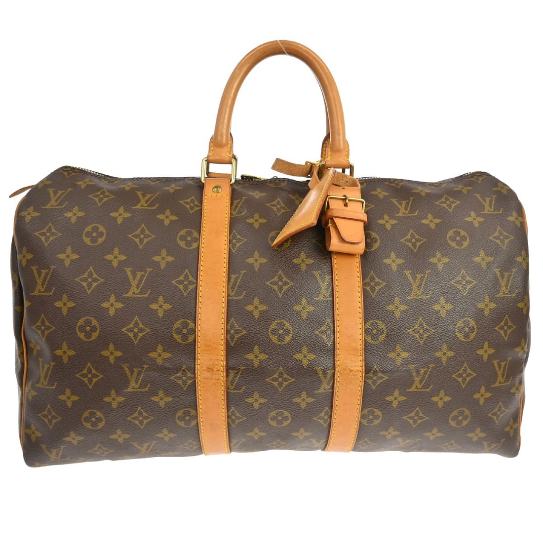 Louis Vuitton Keepall 45 Monogram Canvas Brown Travel Duffle Bag: Louis Vuitton Keepall 45 Monogram Canvas Brown Travel Duffle Bag This Louis Vuitton Keepall 45 is a vintage extra-large duffle bag crafted from signature monogram canvas leather with beige leather dou