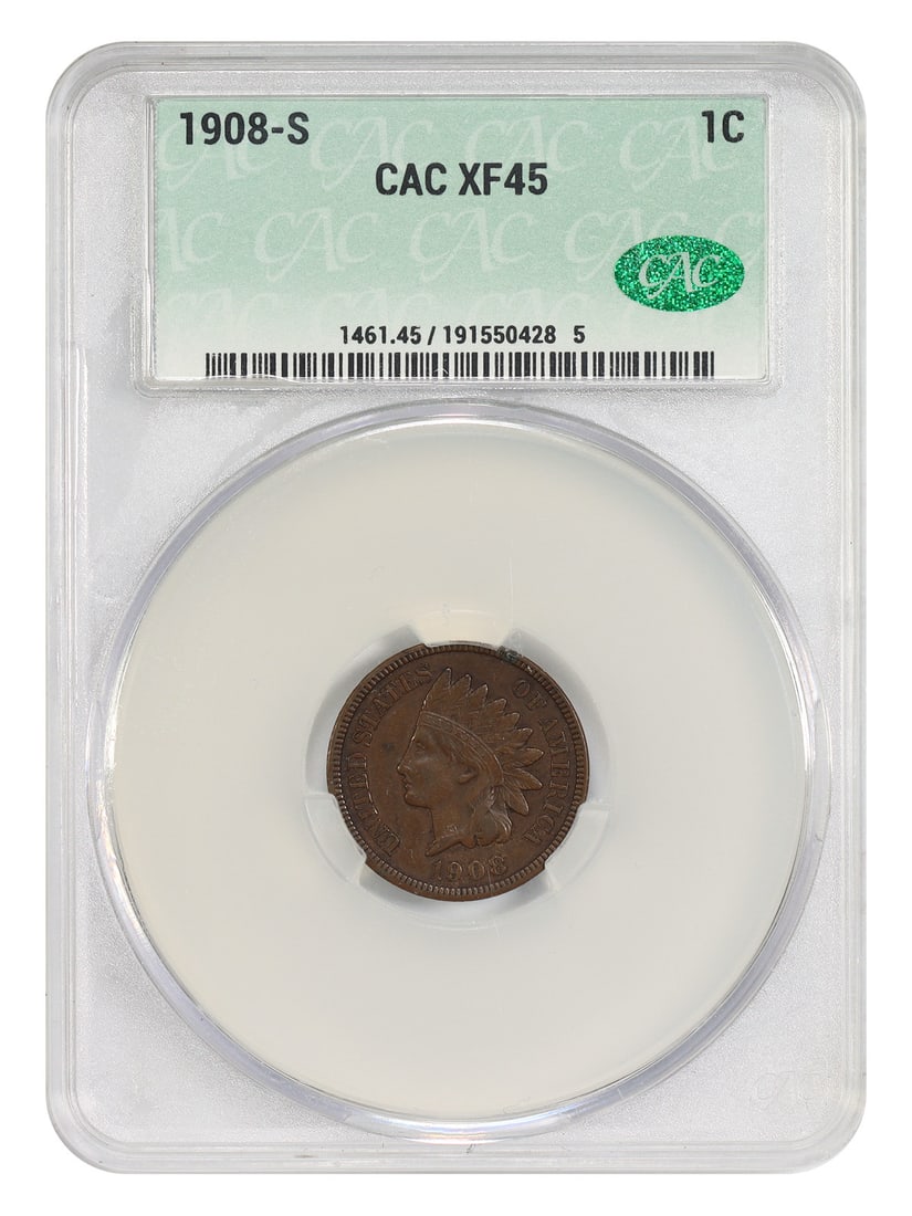 CACG XF45 1908-S Indian Cent Key Date: CACG XF45 1908-S Indian Cent Key Date This 1908 Indian Cent is a circulated coin graded XF45 by CACG, making it a sought-after key date for collectors. The coin was minted in San Francisco and feature
