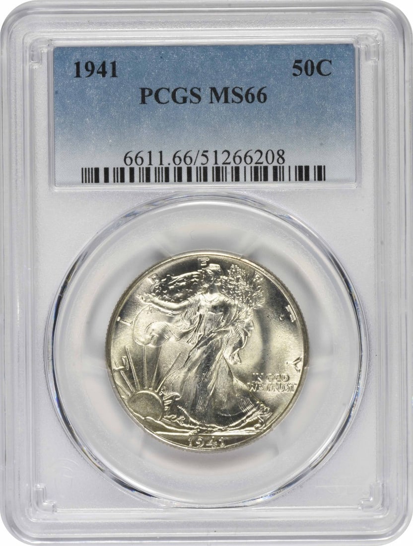 1941 Silver 50C Walking Liberty Half Dollar MS66 Graded by PCGS: 1941 Silver 50C Walking Liberty Half Dollar MS66 Graded by PCGS This 1941 Walking Liberty Half Dollar was struck in Philadelphia and features a composition of 90% silver and 10% copper. The coin is ce