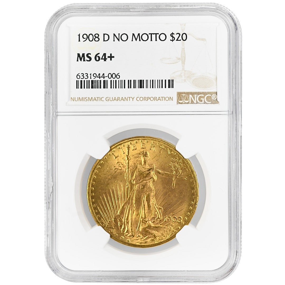 NGC MS64+ 1908-D Saint-Gaudens $20 Gold No Motto Double Eagle: NGC MS64+ 1908-D Saint-Gaudens $20 Gold No Motto Double Eagle This 1908-D $20 Saint-Gaudens Double Eagle is a rare gold coin featuring the short-lived No Motto design. Graded MS64+ by NGC, this coin e