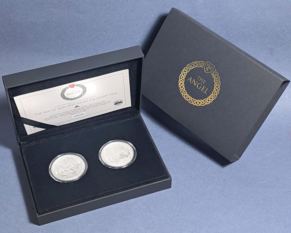 2025 Isle of Man 2 Ounce Silver Angel Reverse Proof Set: 2025 Isle of Man 2 Ounce Silver Angel Reverse Proof Set Explore the exquisite 2025 Isle of Man 2 x 1 Ounce Silver Angel Reverse Proof Set, featuring an exceptional grade of Proof. This set is composed