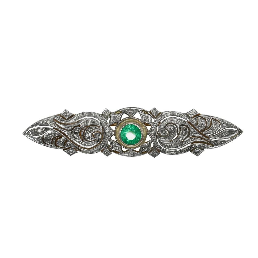 Christian Siemon Art Deco Emerald Brooch in Original Box: Christian Siemon Art Deco Emerald Brooch in Original Box This antique Art Deco brooch features a round brilliant cut natural Colombian emerald weighing 0.60 carats, set in a combination of platinum an