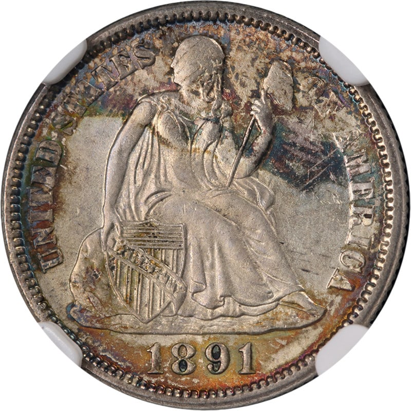 NGC MS64 1891 Philadelphia Seated Liberty Dime Silver Coin: NGC MS64 1891 Philadelphia Seated Liberty Dime Silver Coin This 1891-P Seated Liberty Dime is certified by NGC with a grade of MS64. The coin is uncirculated, showcasing attractive luster and eye appe