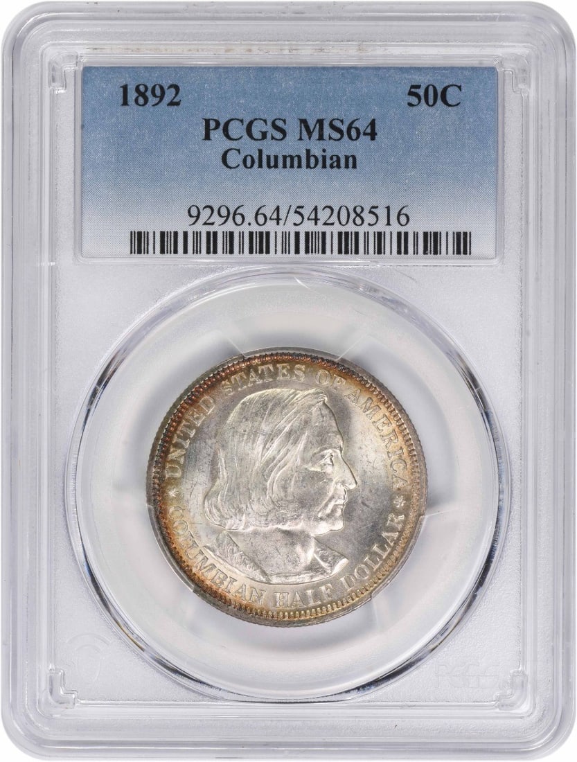 1892 Columbian Exposition Silver Half Dollar PCGS MS64 Commemorative Coin: 1892 Columbian Exposition Silver Half Dollar PCGS MS64 Commemorative Coin This 1892 Columbian Commemorative Silver Half Dollar is graded MS64 by PCGS. Struck in Philadelphia, it is composed of 90% sil