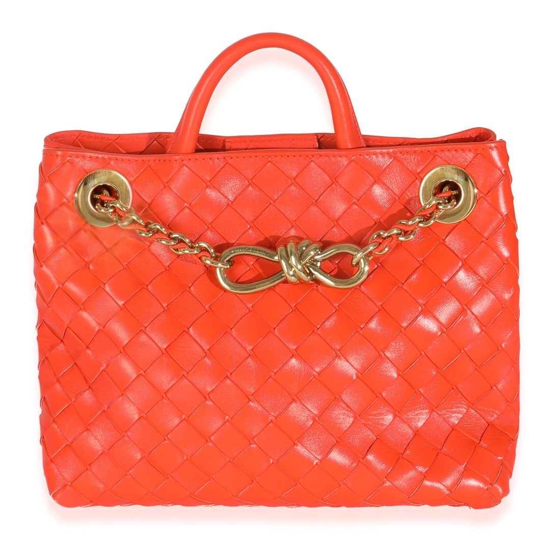 Orange Leather Small Andiamo Shoulder Bag with Chain by Bottega Veneta: Orange Leather Small Andiamo Shoulder Bag with Chain by Bottega Veneta This Bottega Veneta Small Andiamo handbag is crafted from orange nappa leather with the brand's signature Intrecciato weave. Desi