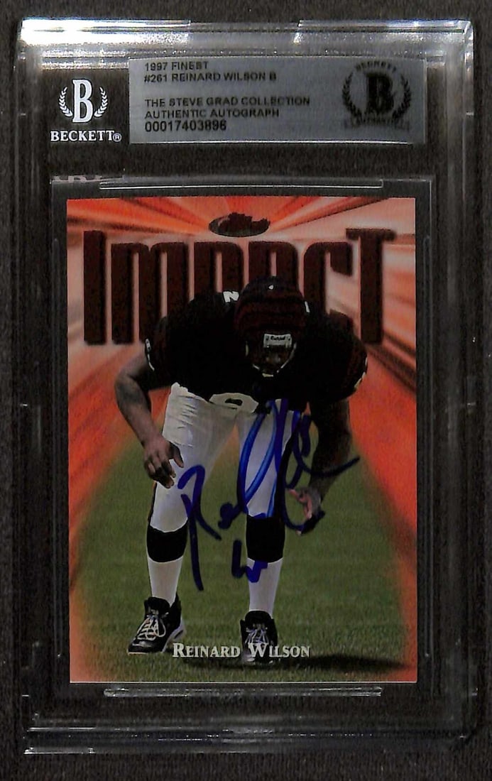 Reinard Wilson 1997 Finest #261 Autographed Card Beckett Authenticated: Reinard Wilson 1997 Finest #261 Autographed Card Beckett Authenticated This is an autographed 1997 Finest #261 sports trading card featuring Reinard Wilson, a linebacker for the Cincinnati Bengals. Th