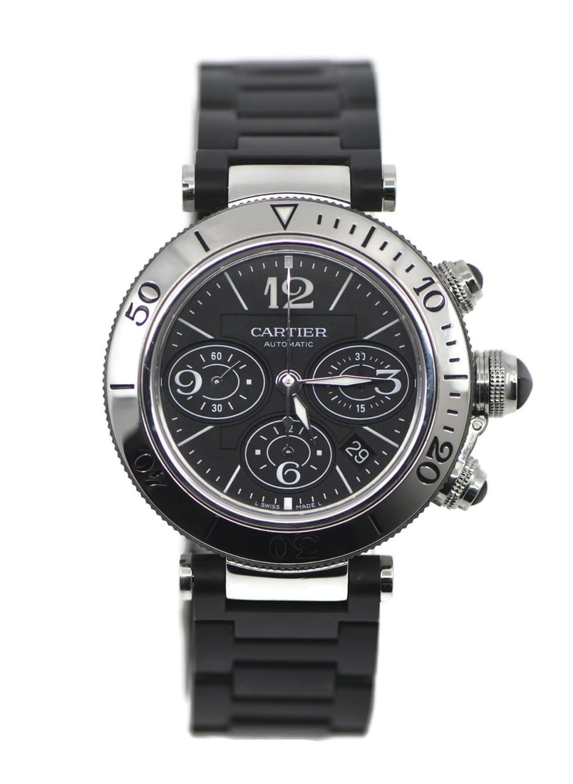 Cartier Pasha Seatimer Automatic Chronograph Steel Wristwatch W31088U2: Cartier Pasha Seatimer Automatic Chronograph Steel Wristwatch W31088U2 This Cartier Pasha Seatimer Chronograph Wristwatch features a stainless steel case and bracelet with a black analog dial. Designe