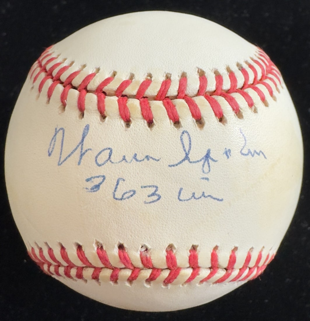 Warren Spahn Signed Baseball Inscribed 363 Wins Beckett Authenticated: Warren Spahn Signed Baseball Inscribed 363 Wins Beckett Authenticated This is an authentic signed baseball featuring the legendary Hall of Fame pitcher Warren Spahn, renowned for his remarkable 363 ML