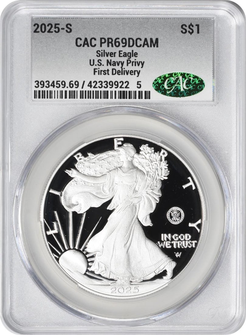 2025-S Proof Silver Eagle Navy Privy CACG PR69DCAM: 2025-S Proof Silver Eagle Navy Privy CACG PR69DCAM This is a 2025-S American Silver Eagle with a U.S. Navy privy mark commemorating the 250th Anniversary. Struck in proof format, this coin contains 1 