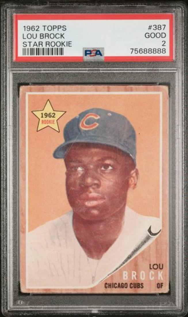1962 Topps Lou Brock #387 Rookie Card PSA 2 St. Louis Cardinals: 1962 Topps Lou Brock #387 Rookie Card PSA 2 St. Louis Cardinals Celebrate the legacy of Hall of Famer Lou Brock with this graded 1962 Topps Star Rookie #387 baseball card. This original card, encapsul