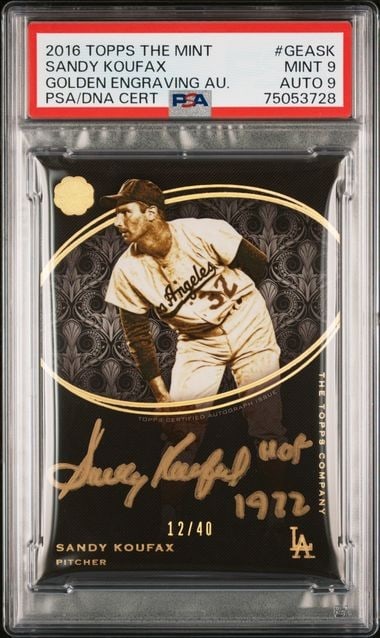 Sandy Koufax 2016 Topps The Mint Golden Engraving PSA 9 Auto 12/40: Sandy Koufax 2016 Topps The Mint Golden Engraving PSA 9 Auto 12/40 This is a 2016 Topps The Mint Golden Engraving baseball card featuring Sandy Koufax, a legendary player for the Los Angeles Dodgers. 