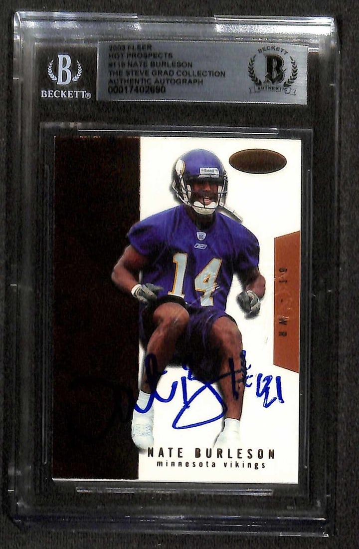 Nate Burleson 2003 Topps Black #119 Signed Rookie Card Beckett Authenticated: Nate Burleson 2003 Topps Black #119 Signed Rookie Card Beckett Authenticated This is a signed 2003 Topps Black #119 rookie card of Nate Burleson, featuring an autograph in blue permanent marker. Burle