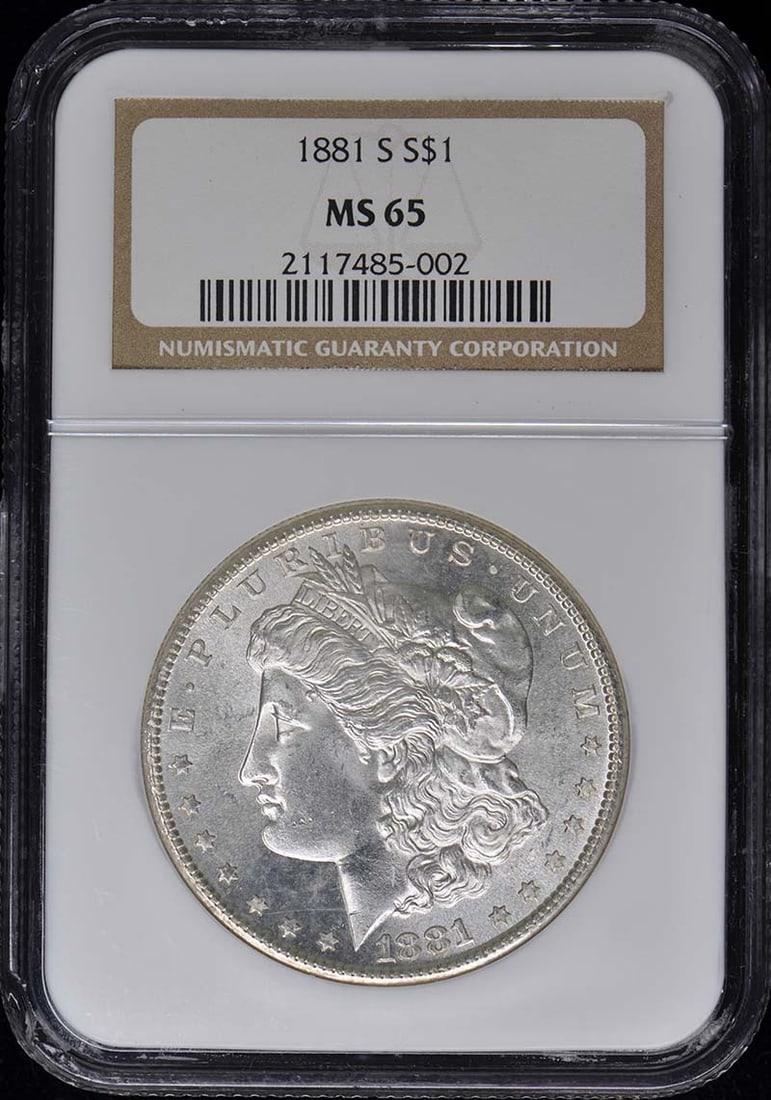 1881-S Morgan Dollar NGC MS65 Uncirculated San Francisco: 1881-S Morgan Dollar NGC MS65 Uncirculated San Francisco This stunning 1881-S Morgan Dollar is a remarkable piece of numismatic history, certified by NGC with a grade of MS65, indicating it is in unci