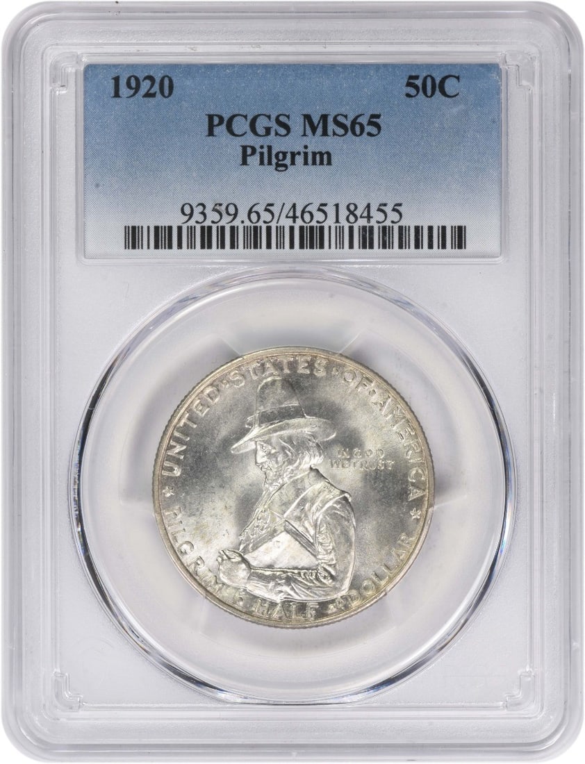 1920 Half Dollar Pilgrim 90% Silver Commemorative PCGS MS65 Coin: 1920 Half Dollar Pilgrim 90% Silver Commemorative PCGS MS65 Coin This Pilgrim Commemorative Half Dollar from 1920 is an uncirculated coin graded MS65 by PCGS. Struck at the Philadelphia Mint, it featu