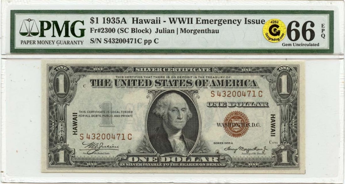 PMG Graded 1935A Hawaii $1 Silver Certificate GEM 66 EPQ FR2300: PMG Graded 1935A Hawaii $1 Silver Certificate GEM 66 EPQ FR2300 This is a 1935A $1 Silver Certificate from the Hawaii WWII emergency issue. The note is graded PMG GEM 66 EPQ, indicating it is in excep